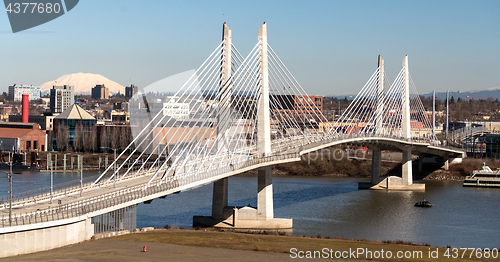 Image of People Move Across Portland Bridge Willamette River Mount St Hel