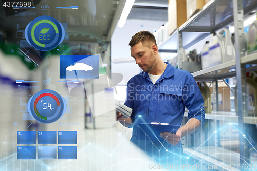 Image of auto mechanic with oil and clipboard at car shop