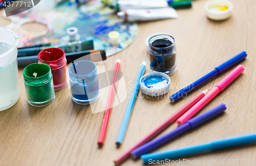 Image of gouache colors, felt tip pens and pencils on table