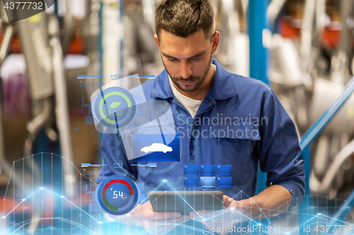 Image of auto mechanic or smith with tablet pc at workshop