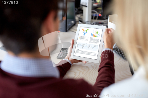 Image of business team with charts on tablet pc at office