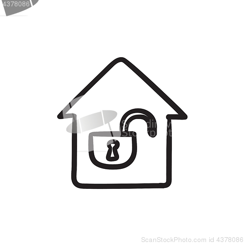 Image of House with open lock sketch icon.