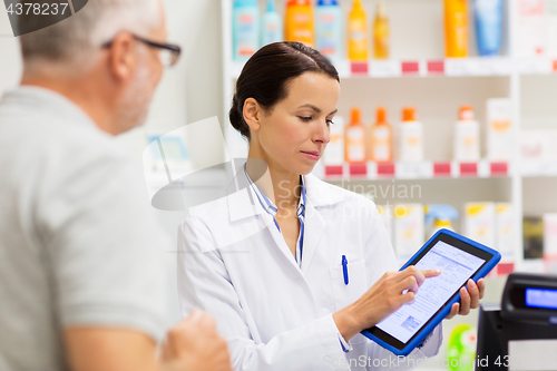 Image of apothecary and customer with tablet pc at pharmacy