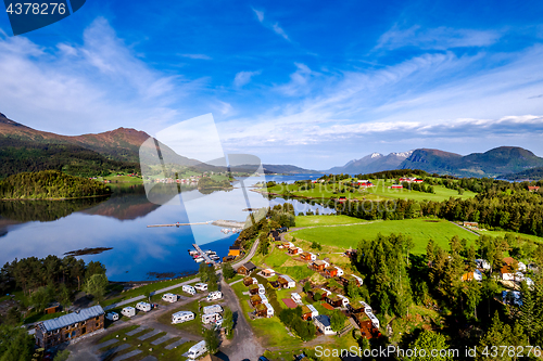 Image of Beautiful Nature Norway Aerial view of the campsite to relax.