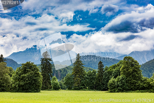 Image of Beautiful natural landscape of the Alps. Forggensee and Schwanga