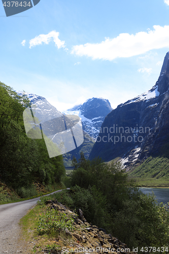 Image of The narrow and winding road leads into the glacier in Loen, Stry