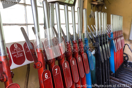 Image of Vintage traditional type of railroad switching equipment still in use today.