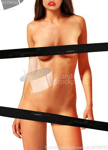 Image of beautiful nude woman with black tape