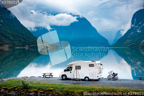 Image of Family vacation travel RV, holiday trip in motorhome