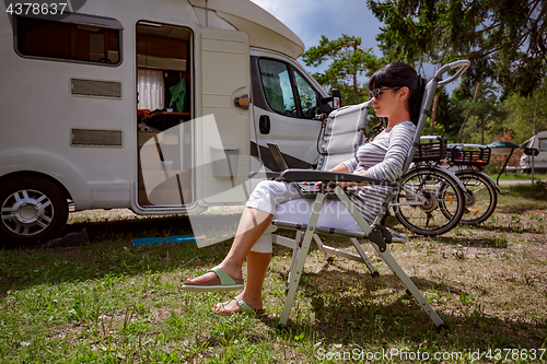 Image of Family vacation travel, holiday trip in motorhome RV