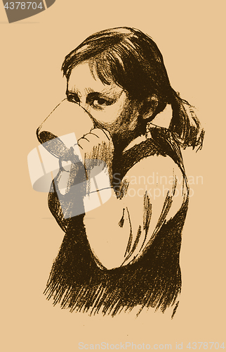 Image of little girl drinks milk