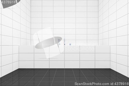 Image of typical white tiled bathroom side view to the tub