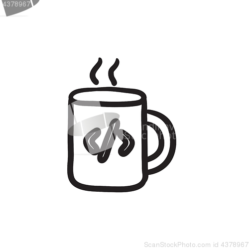 Image of Cup of coffee with code sign sketch icon.