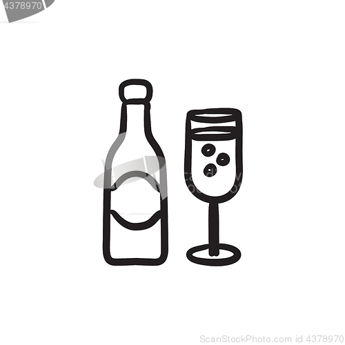 Image of Champagne bottle and two glasses sketch icon.