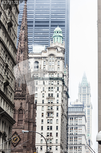 Image of New York City, Lower Manhattan, skyscrapers on Broadway street.