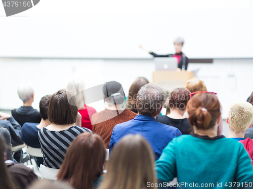 Image of Woman giving presentation on business conference.