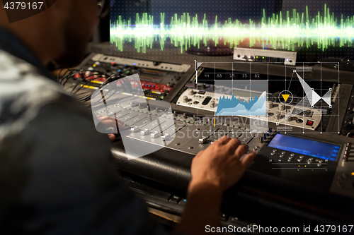 Image of sound engineer at recording studio mixing console