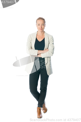 Image of Business woman standing with arms crossed against white background.