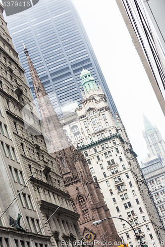 Image of New York City, Lower Manhattan, skyscrapers on Broadway street.