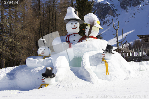 Image of The big snowmens at the Sexten ski resort in Italy