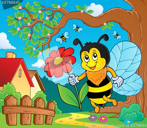 Image of Happy bee holding flower theme 2