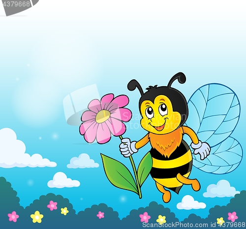 Image of Happy bee holding flower theme 4