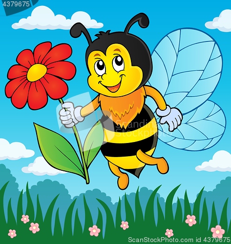 Image of Happy bee holding flower theme 3