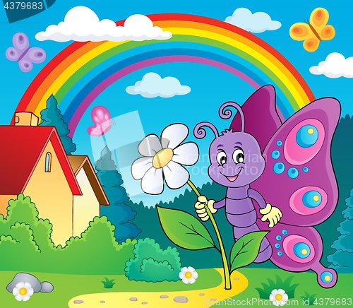 Image of Happy butterfly holding flower theme 2