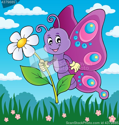 Image of Happy butterfly holding flower theme 3