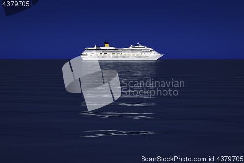 Image of a bright white cruise ship in front of the dark blue sky