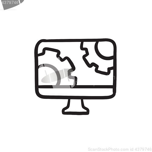 Image of Computer monitor with gears sketch icon.