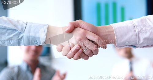 Image of cloasing the deal in modern office interior