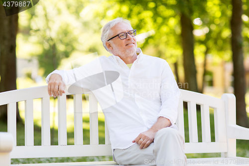 Image of happy senior man in glasses sitting at summer park