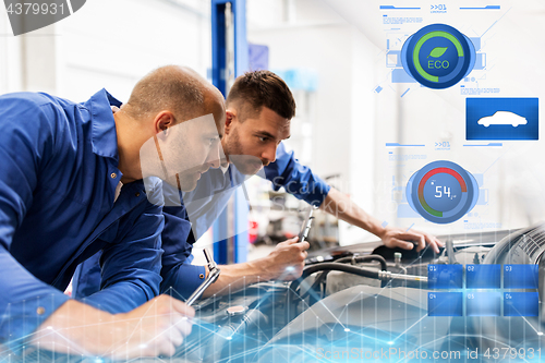 Image of mechanic men with wrench repairing car at workshop