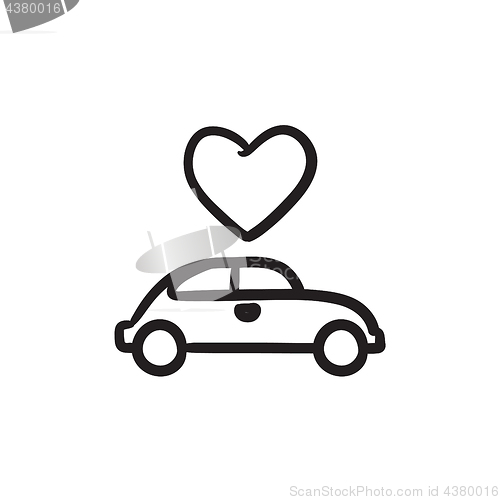 Image of Wedding car with heart sketch icon.