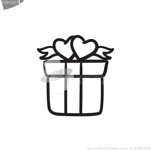 Image of Gift box with hearts sketch icon.