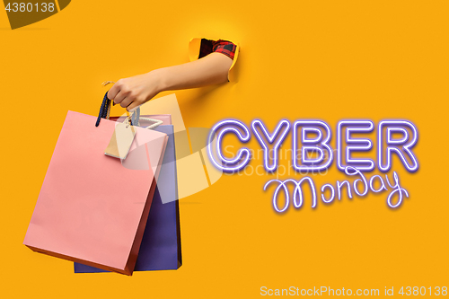 Image of Female hand holding bright shopping bags
