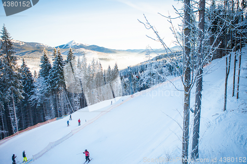 Image of Skiers on the ski lift riding up at ski resort with beautiful background of snow-covered slopes, forests, hills in Bukovel, Ukraine