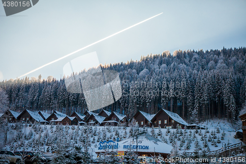 Image of Bukovel, Ukraine - December 22, 2016: The wooden houses in the Ukrainian resort Bukovel. winter landscape UKRAINE March 06 2017