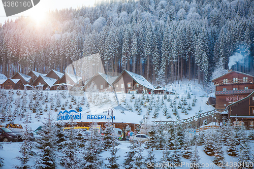 Image of Bukovel, Ukraine - December 22, 2016: The wooden houses in the Ukrainian resort Bukovel. winter landscape UKRAINE March 06 2017