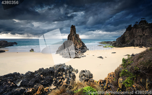 Image of Moody storm clouds loom over Pyramid sea stack