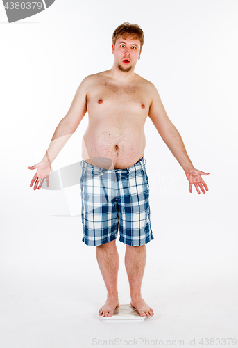 Image of Overweight, fat man and scales.