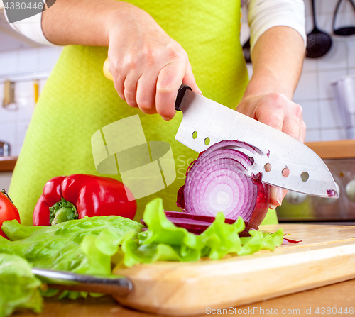 Image of Woman\'s hands cutting bulb onion
