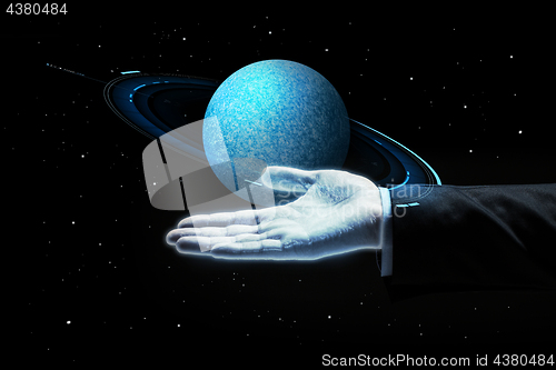 Image of close up of businessman with planet hologram