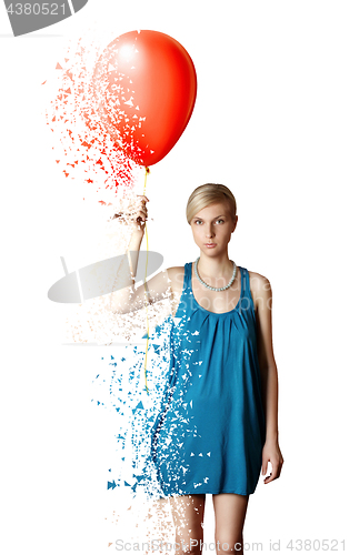 Image of Collapsing and blowing woman with the red balloon