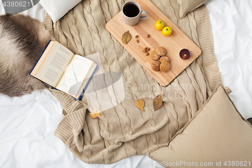 Image of cookies, lemon tea, book and leaves in bed