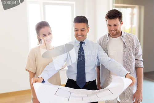 Image of realtor showing blueprint of new home to couple