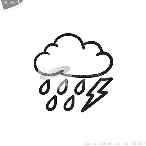 Image of Cloud with rain and lightning bolt sketch icon.