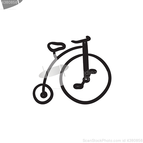 Image of Old bicycle with big wheel sketch icon.