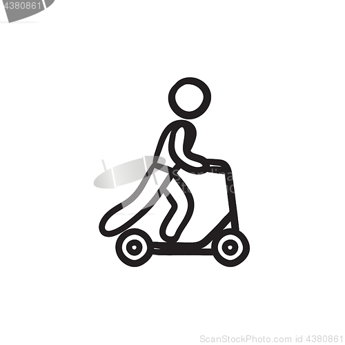 Image of Man riding kick scooter sketch icon.